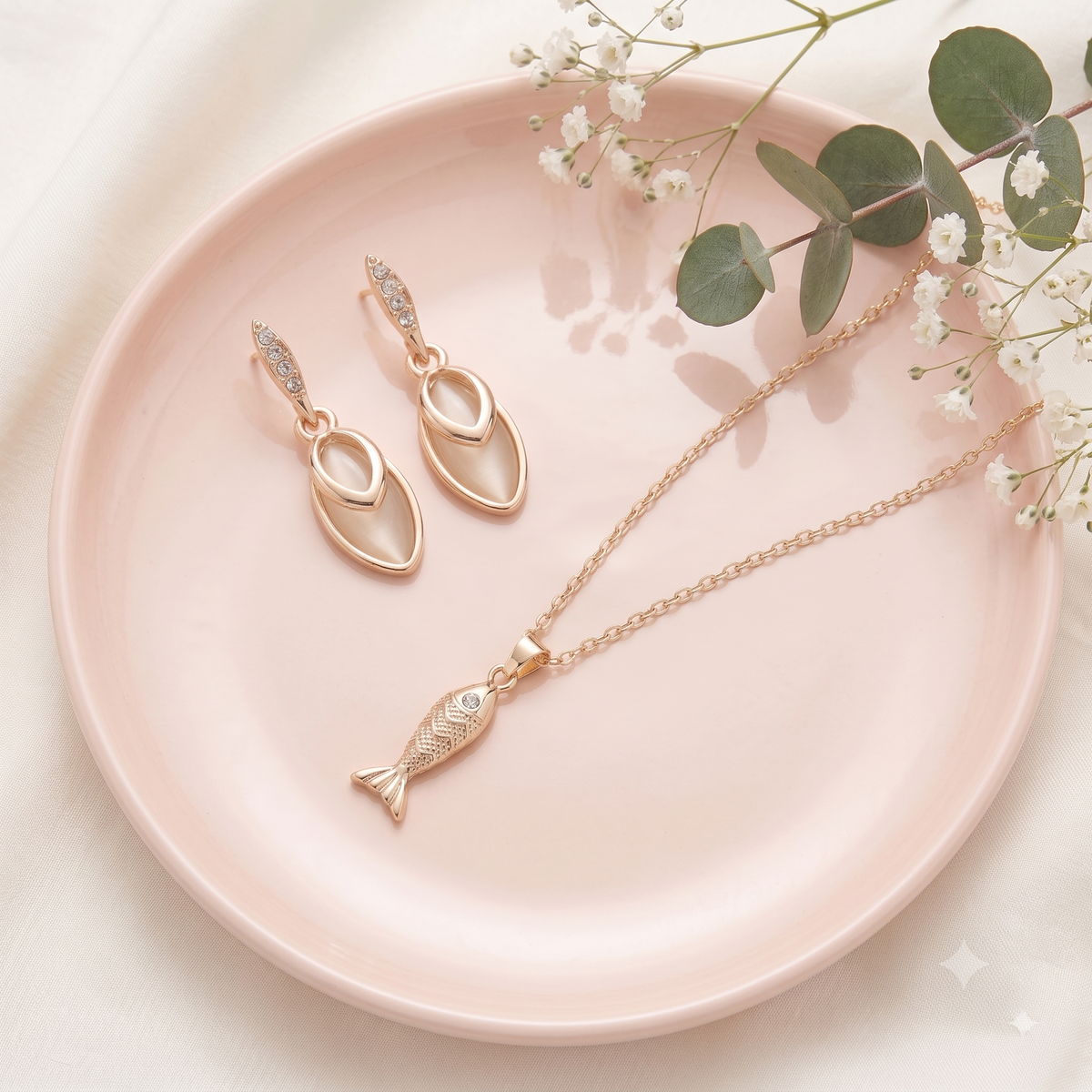 Gold-Plated Opal Style Fish Pendant Necklace and Earrings Jewellery Set