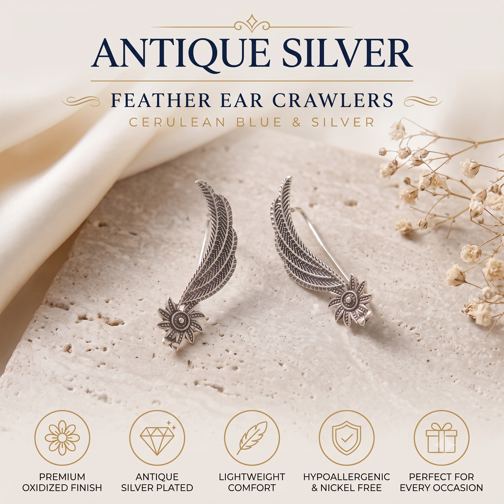 Antique Silver Oxidised Feather Ear Crawlers & Wing Ear Cuffs for Women