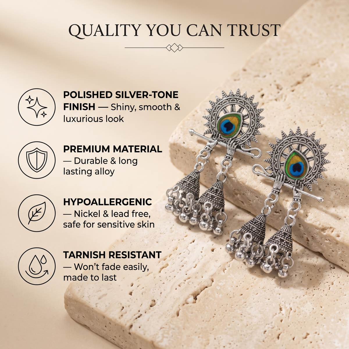 Oxidised Silver Peacock Flute Jhumka Earrings with Enamel Work