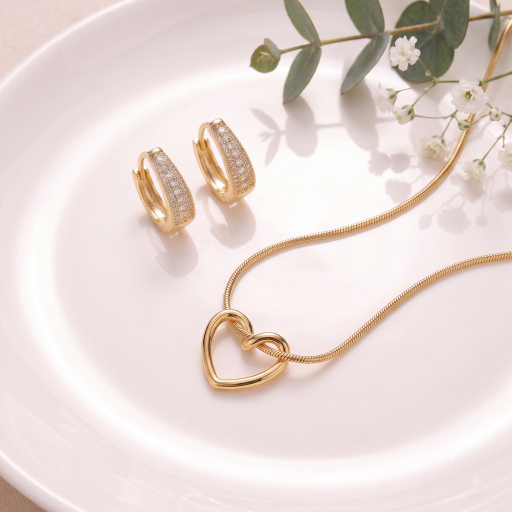 Aurélia 18K Gold Plated Open Heart Pendant Necklace & Pavé CZ Huggie Hoop Earrings Set | Minimalist Everyday Jewelry