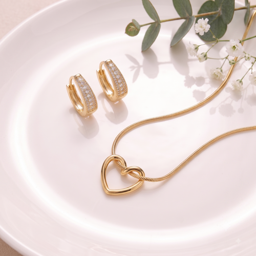 Aurélia 18K Gold Plated Open Heart Pendant Necklace & Pavé CZ Huggie Hoop Earrings Set | Minimalist Everyday Jewelry