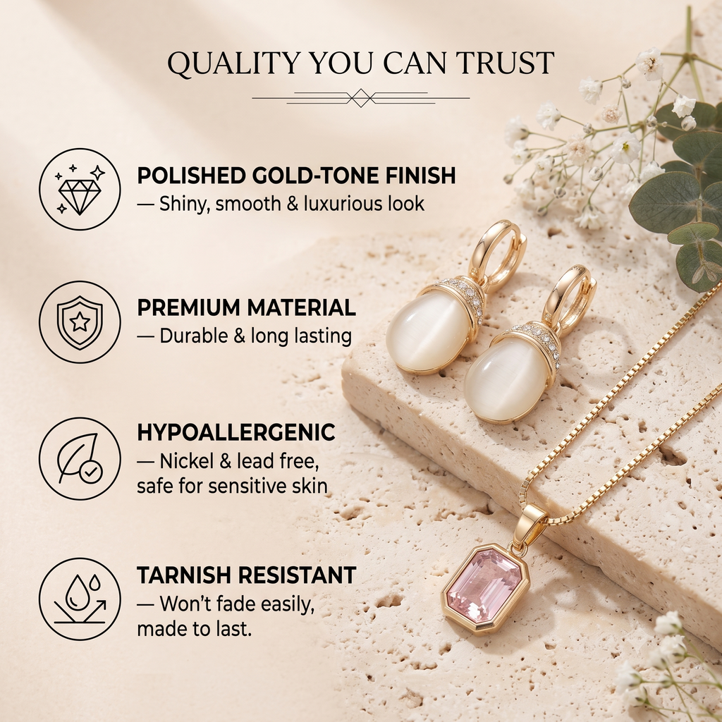 Moonstone & Sapphire Pendant Necklace and Earrings Set | 18K Gold Plated