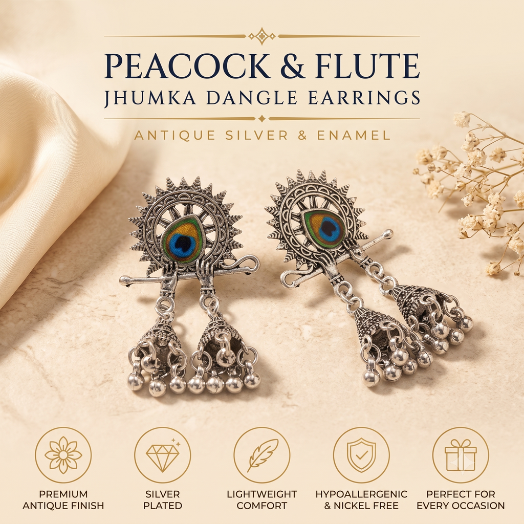 Oxidised Silver Peacock Flute Jhumka Earrings with Enamel Work