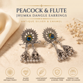 Oxidised Silver Peacock Flute Jhumka Earrings with Enamel Work