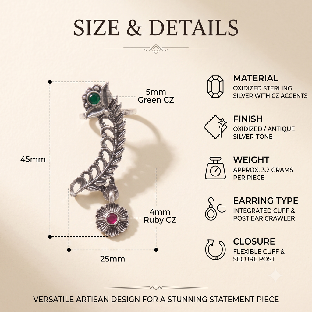 Oxidised Silver Peacock Ear Crawlers with Emerald Green & Ruby Red Stones