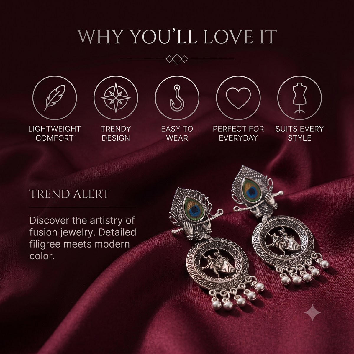 Oxidised Silver Radha Krishna Peacock Dangle Earrings for Women