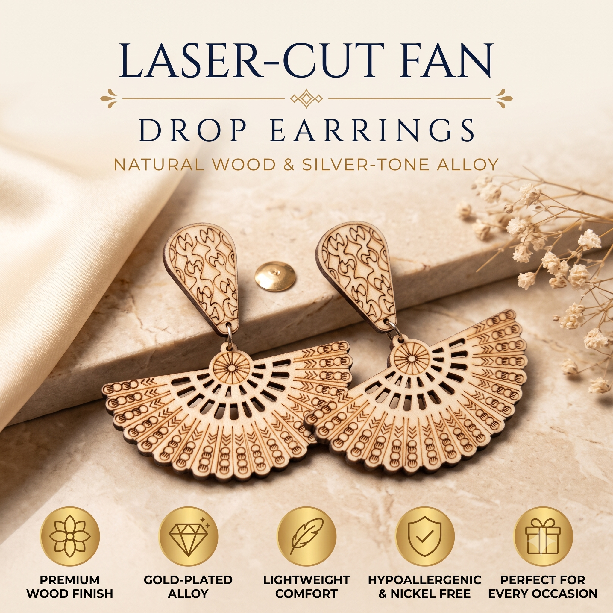 Laser-Cut Bohemian Fan Wooden Drop Earrings – Lightweight Boho Chandelier Dangle Earrings for Women
