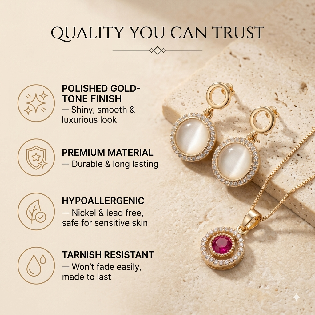18K Gold Plated Round Ruby Halo Pendant Necklace & Opal Halo Circle Drop Earrings Set | Royal Gemstone Jewelry