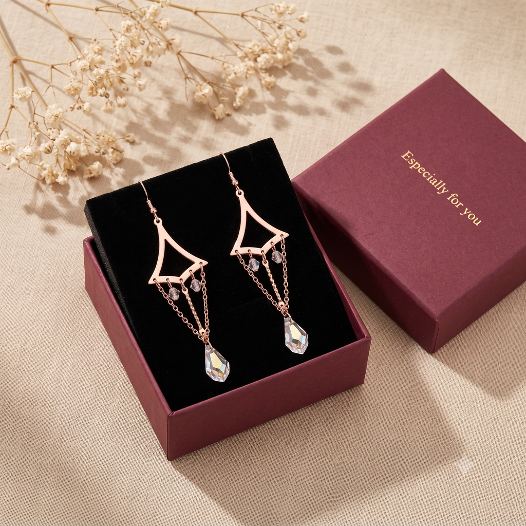 Trendy Geometric Tassel Dangle Earrings for Women & Girls | Rose Gold & Clear Crystal Long Drop Fashion Jewellery for Party & Festive Wear