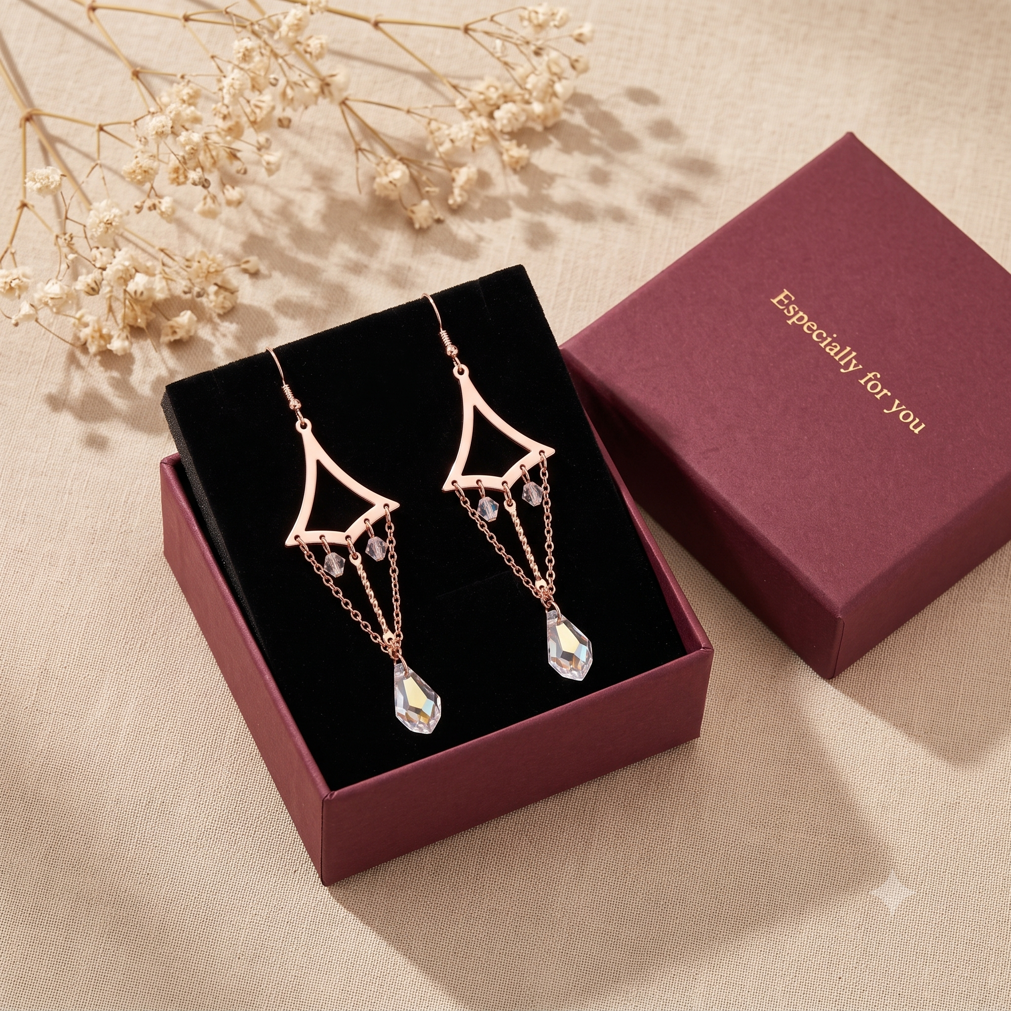 Trendy Geometric Tassel Dangle Earrings for Women & Girls | Rose Gold & Clear Crystal Long Drop Fashion Jewellery for Party & Festive Wear