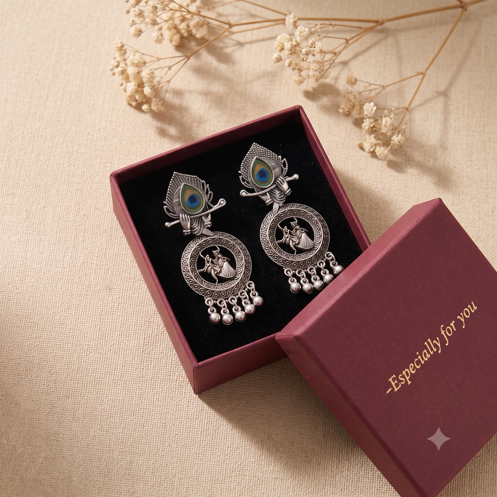 Oxidised Silver Radha Krishna Peacock Dangle Earrings for Women