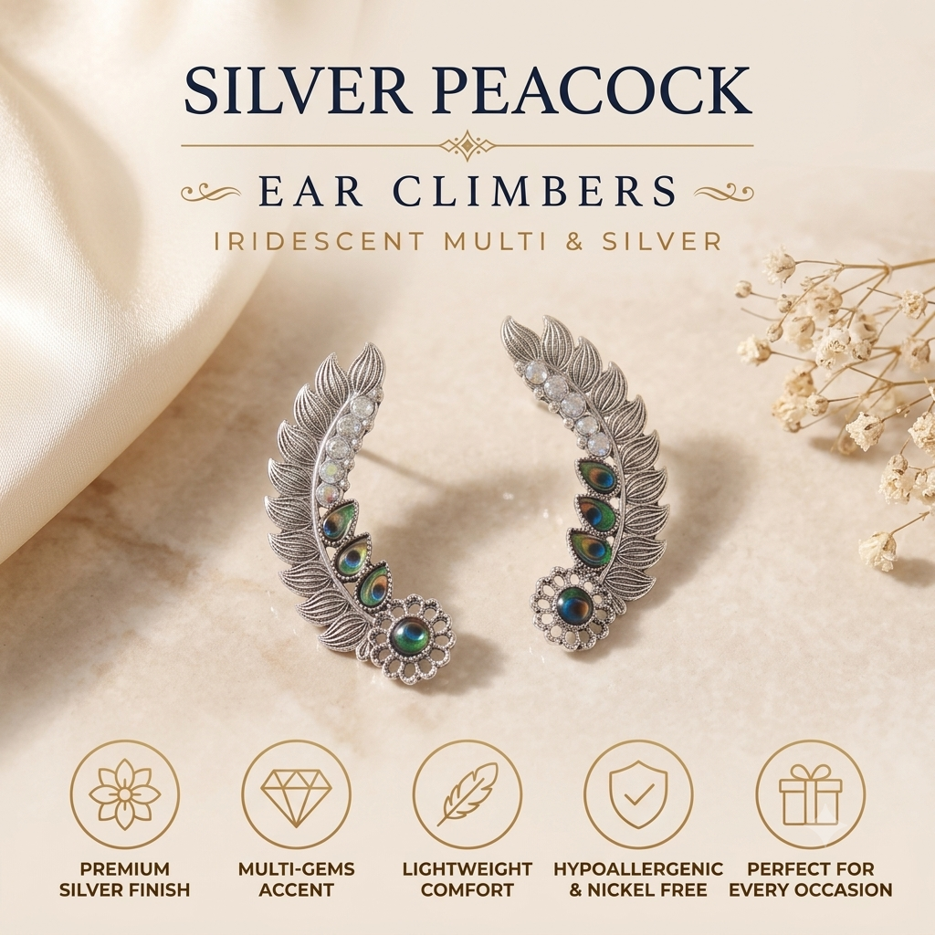Antique Silver Oxidised Peacock Ear Climbers & Iridescent Feather Ear Cuffs