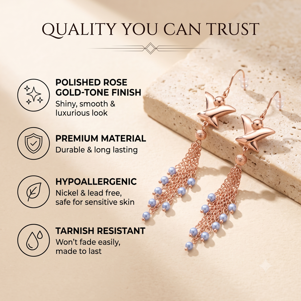 Elegant Rose Gold Multi-Chain Star Dangle Earrings for Women & Girls | Trendy Light Blue Pearl Drop Fashion Jewellery for Party & Festive Wear