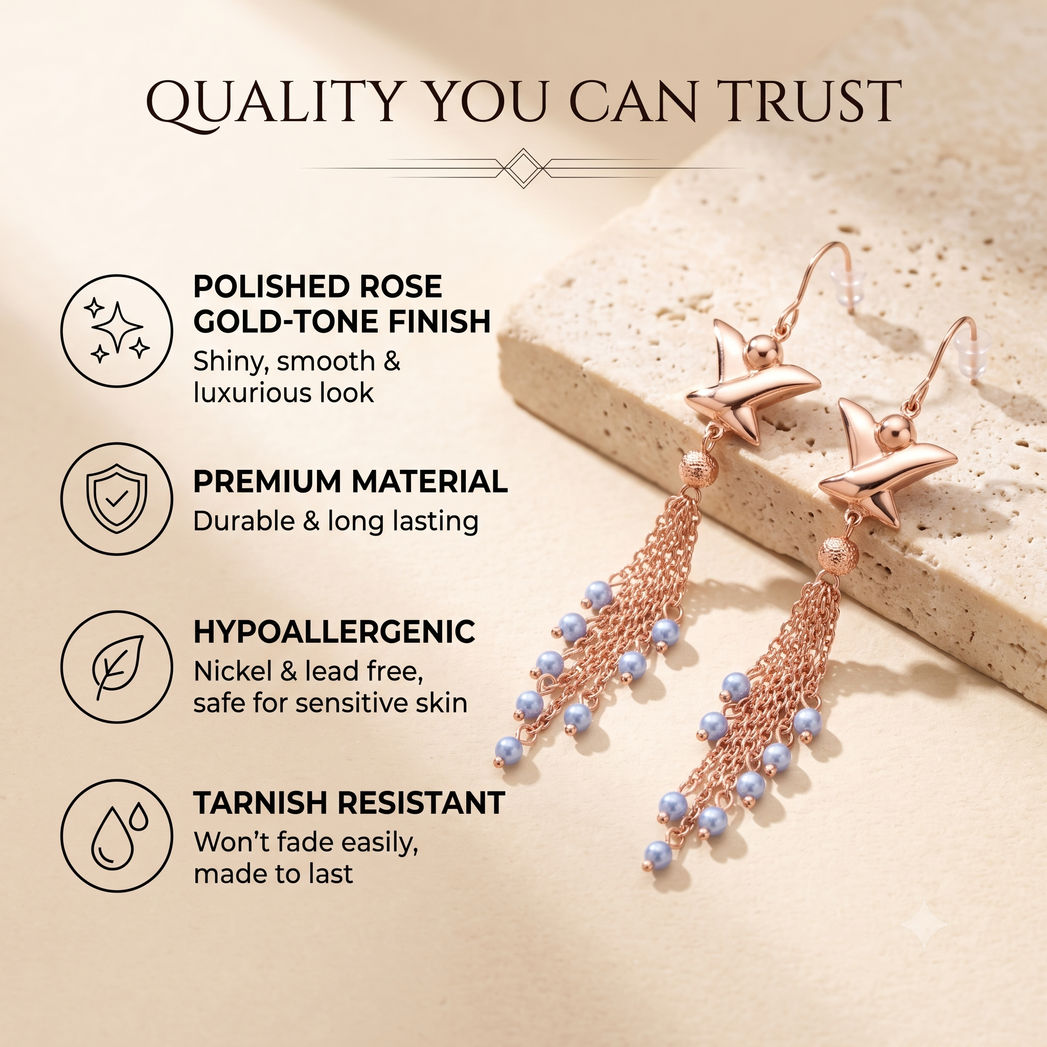 Elegant Rose Gold Multi-Chain Star Dangle Earrings for Women & Girls | Trendy Light Blue Pearl Drop Fashion Jewellery for Party & Festive Wear