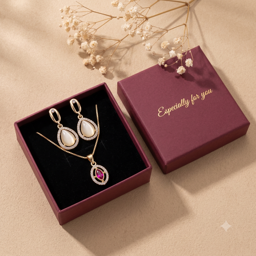 18K Gold Plated Ruby Halo Pendant Necklace & Pear-Cut Moonstone Halo Dangle Earrings Set | Fine Gemstone Jewelry