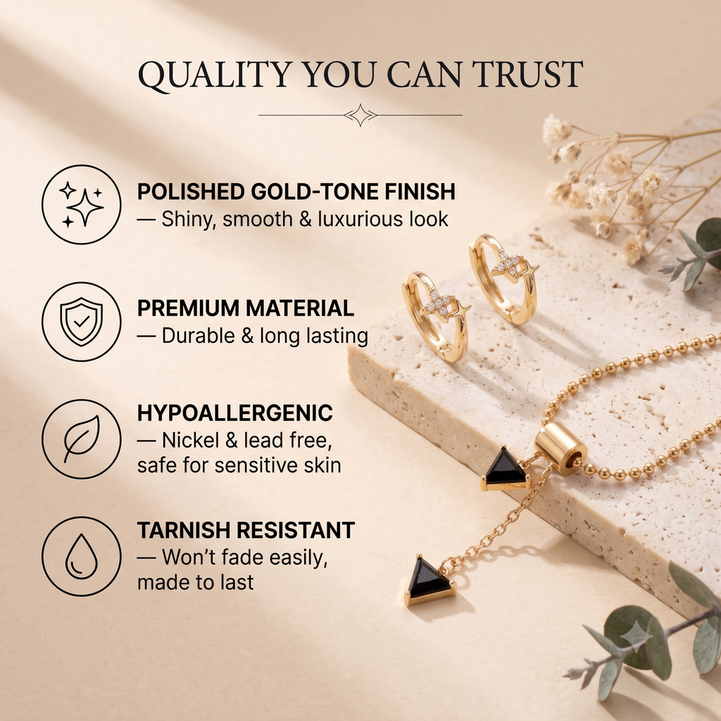 18K Gold Plated Onyx Stone Pendant Necklace & Crystal Star Huggie Earring Set | Y-Lariat Chain Jewelry