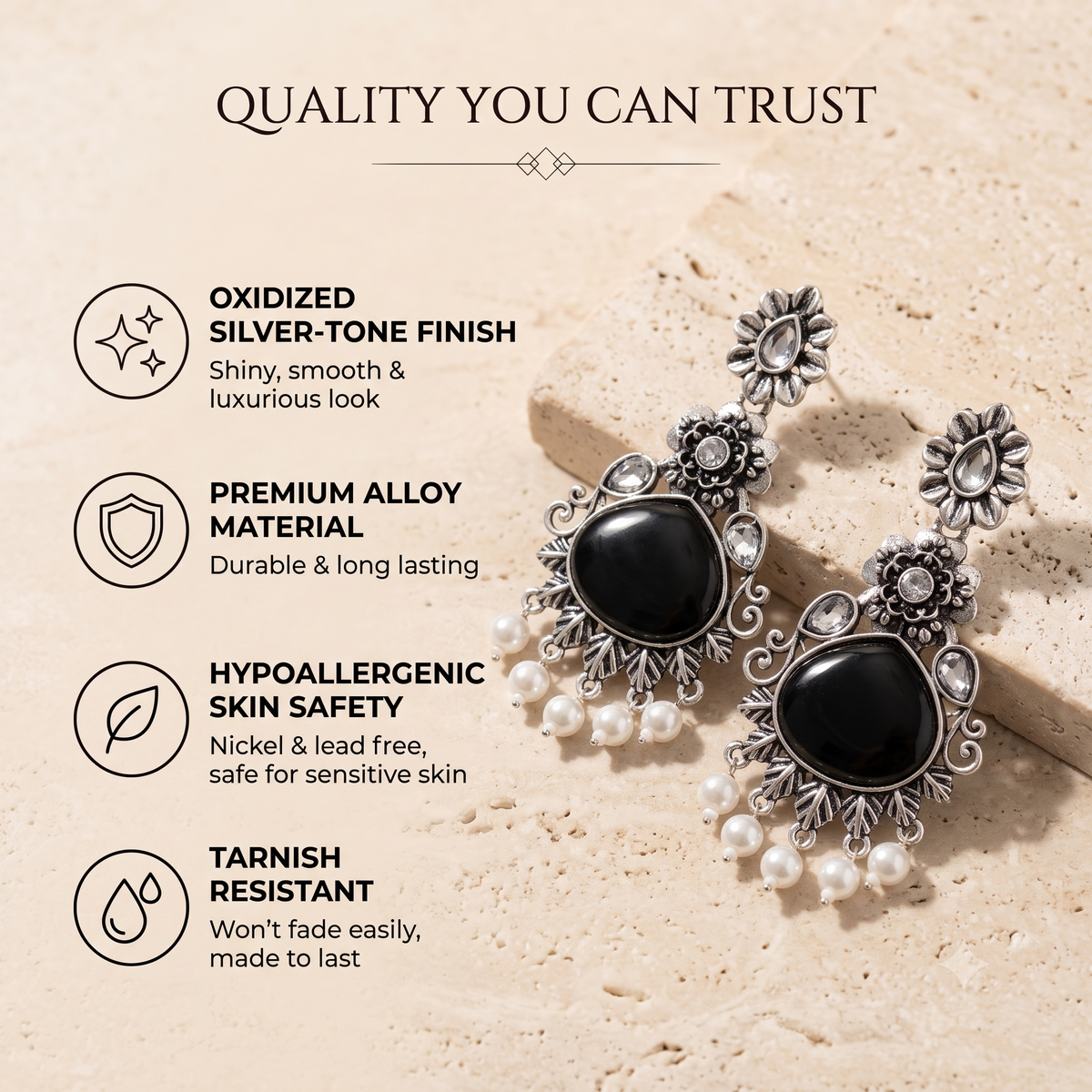 Oxidised Silver Dangle Jhumka Earrings with Pearls for Women
