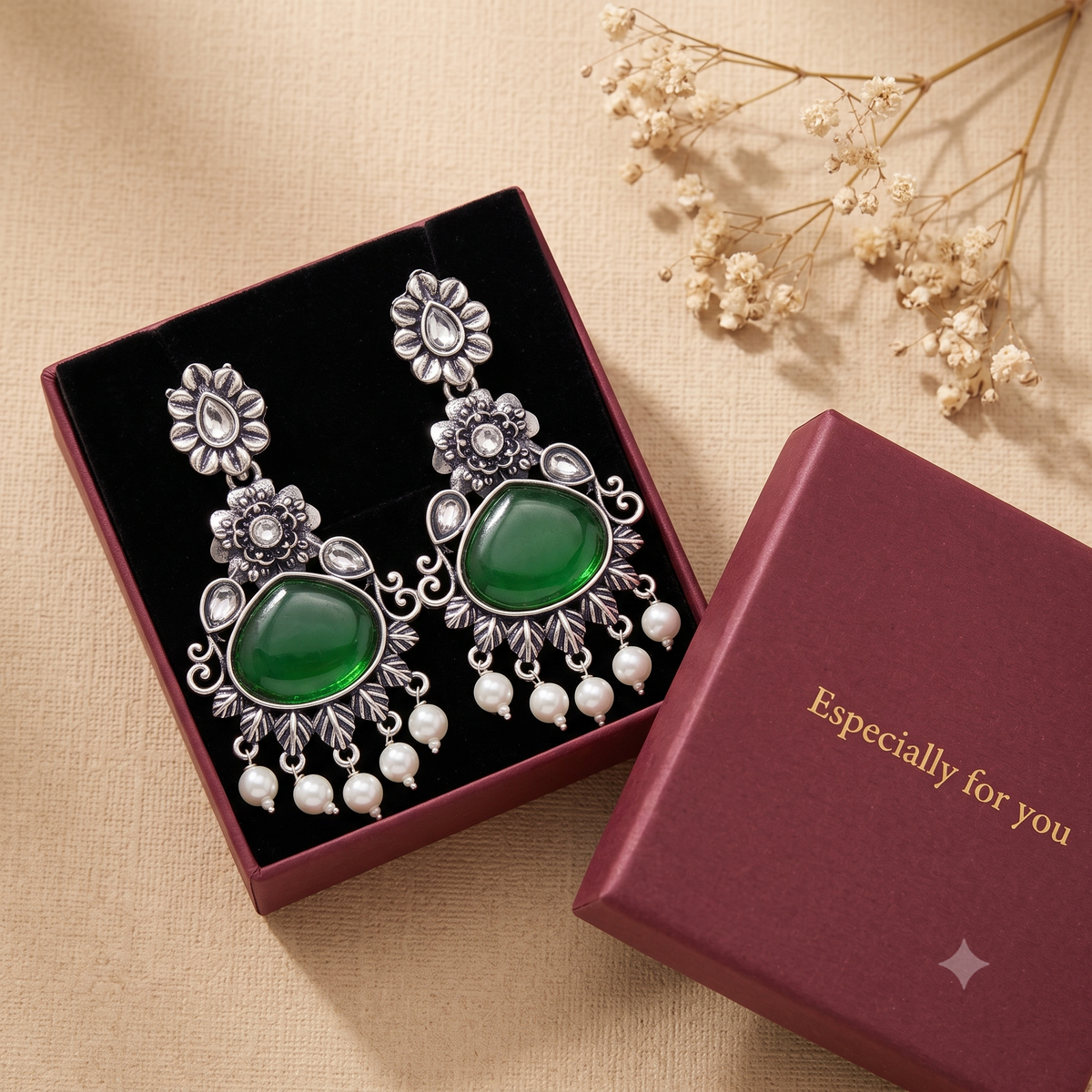 Oxidised Silver Dangle Jhumka Earrings with Pearls for Women