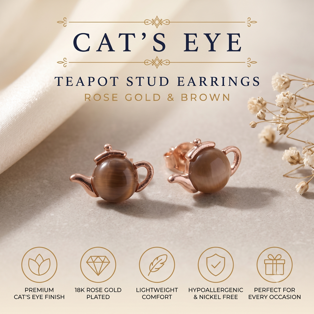 Quirky Teapot Stud Earrings for Women & Girls | Rose Gold; Brown Agate Trendy Fashion Jewellery for Daily &amp; Party Wear