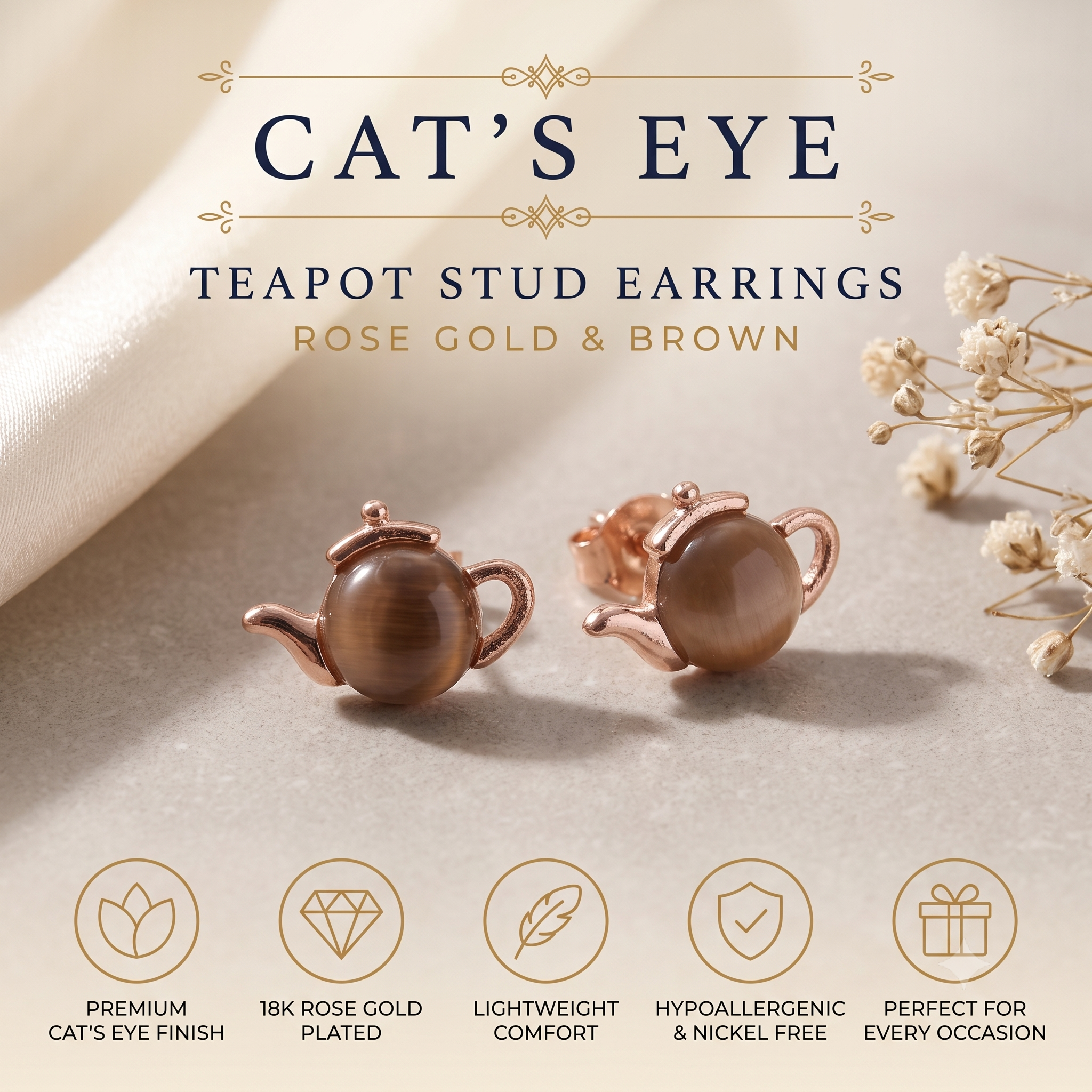 Quirky Teapot Stud Earrings for Women & Girls | Rose Gold; Brown Agate Trendy Fashion Jewellery for Daily &amp; Party Wear