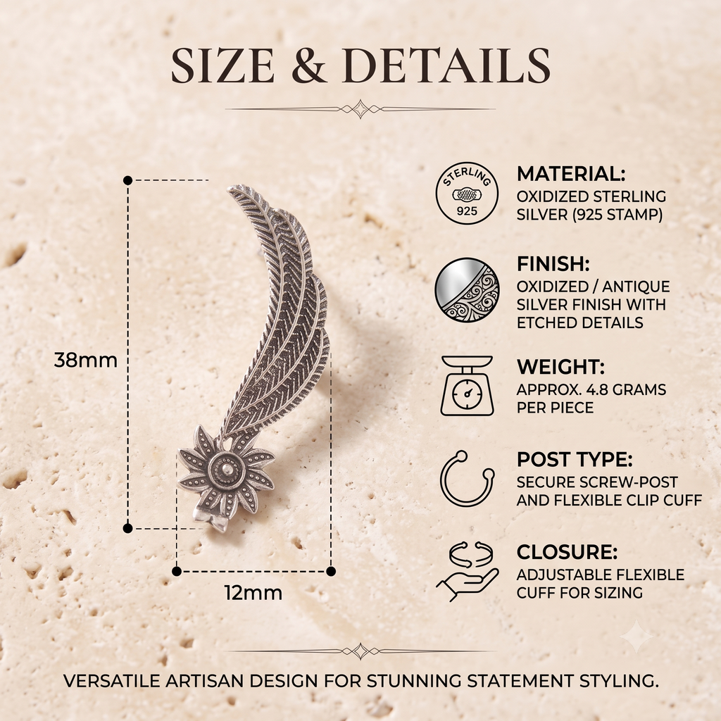 Antique Silver Oxidised Feather Ear Crawlers & Wing Ear Cuffs for Women