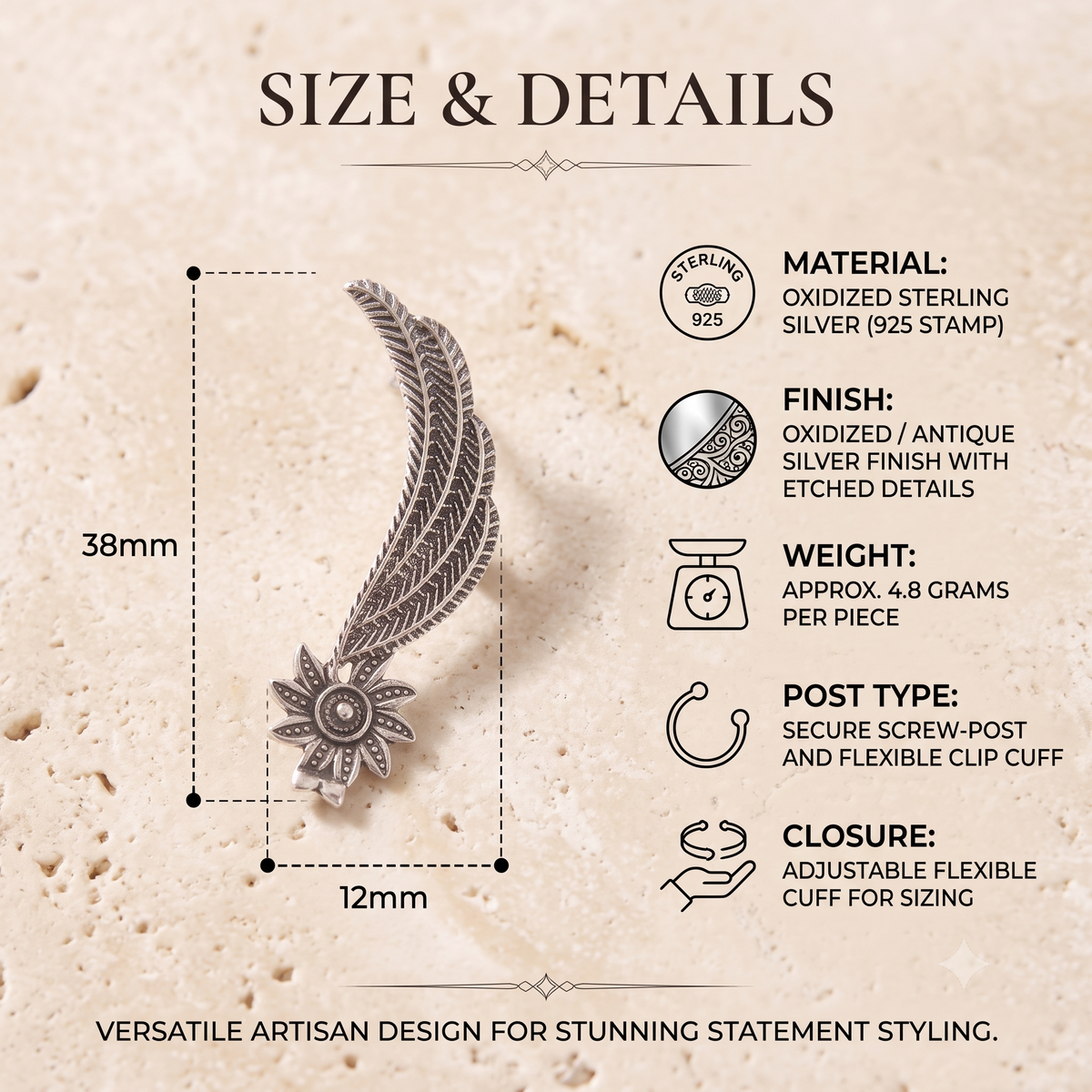 Antique Silver Oxidised Feather Ear Crawlers & Wing Ear Cuffs for Women