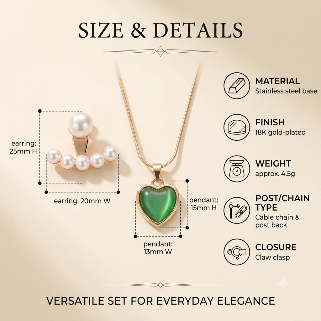 Pearl & Green Jade Matching Jewellery Set in Rose Gold (Pendant Necklace & Drop Earrings)