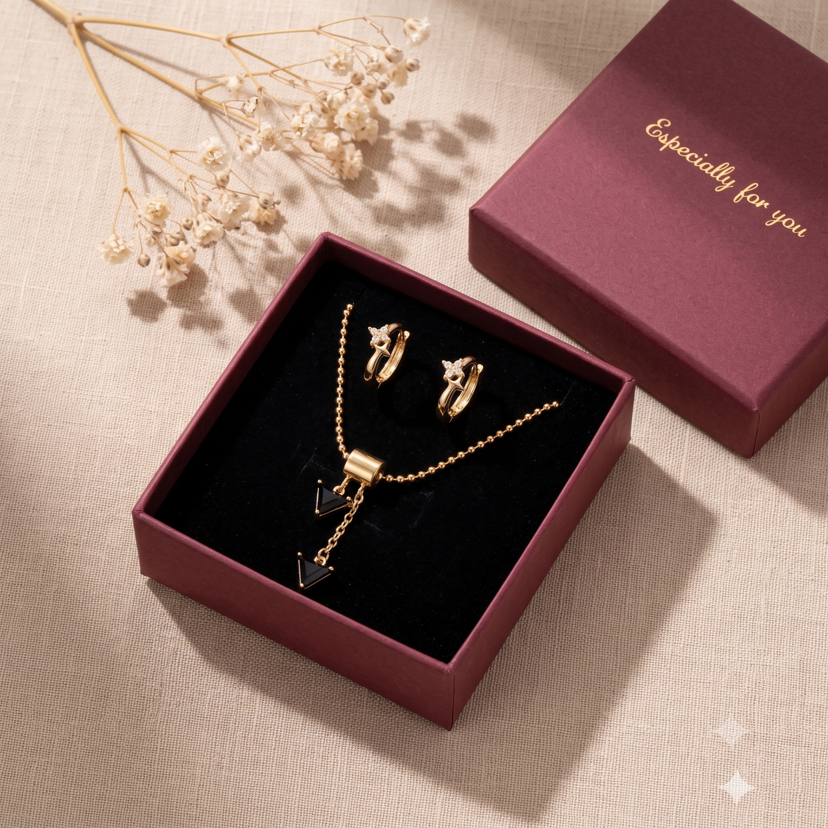 18K Gold Plated Onyx Stone Pendant Necklace & Crystal Star Huggie Earring Set | Y-Lariat Chain Jewelry