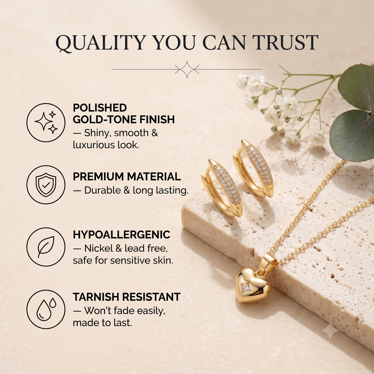Gold Star- Heart Pendant Necklace and Earrings Jewellery Set