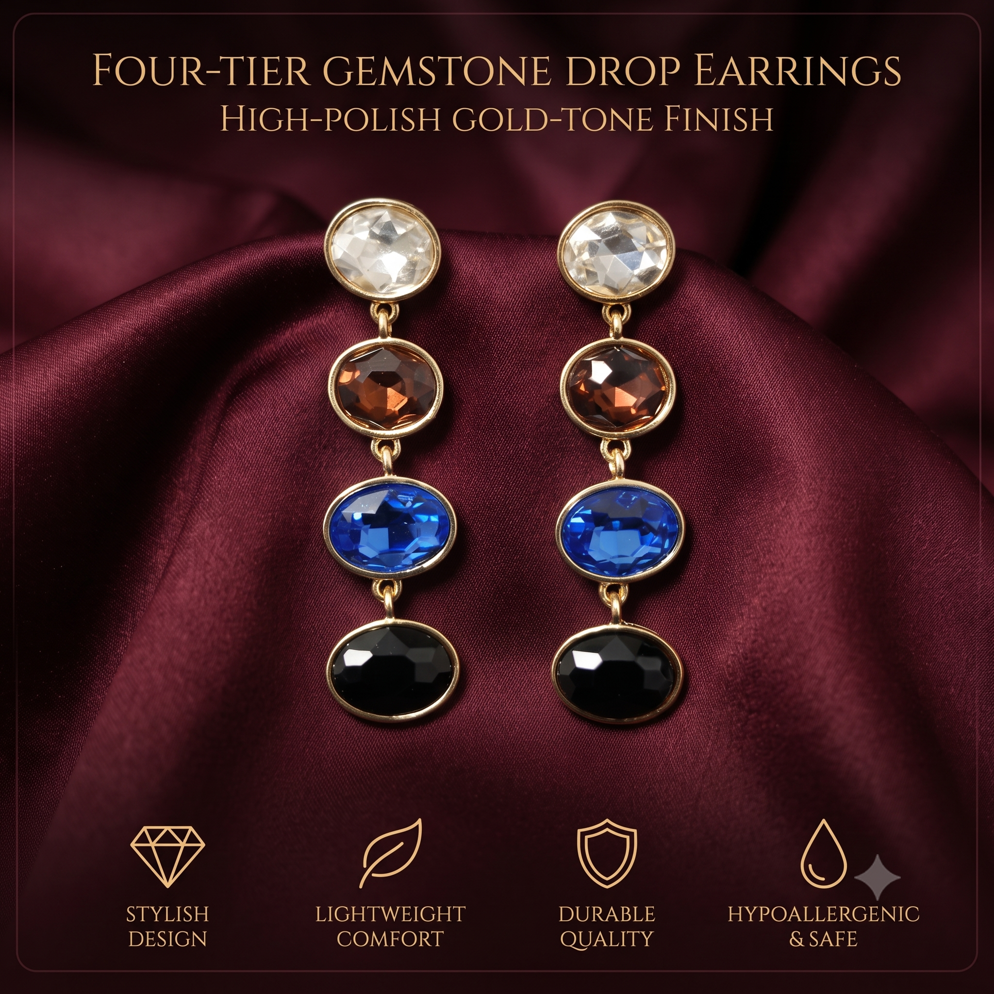 Trendy Multicolor Crystal Dangle Earrings for Women & Girls | Gold-Toned Long Drop Fashion Jewellery for Festive & Party Wear