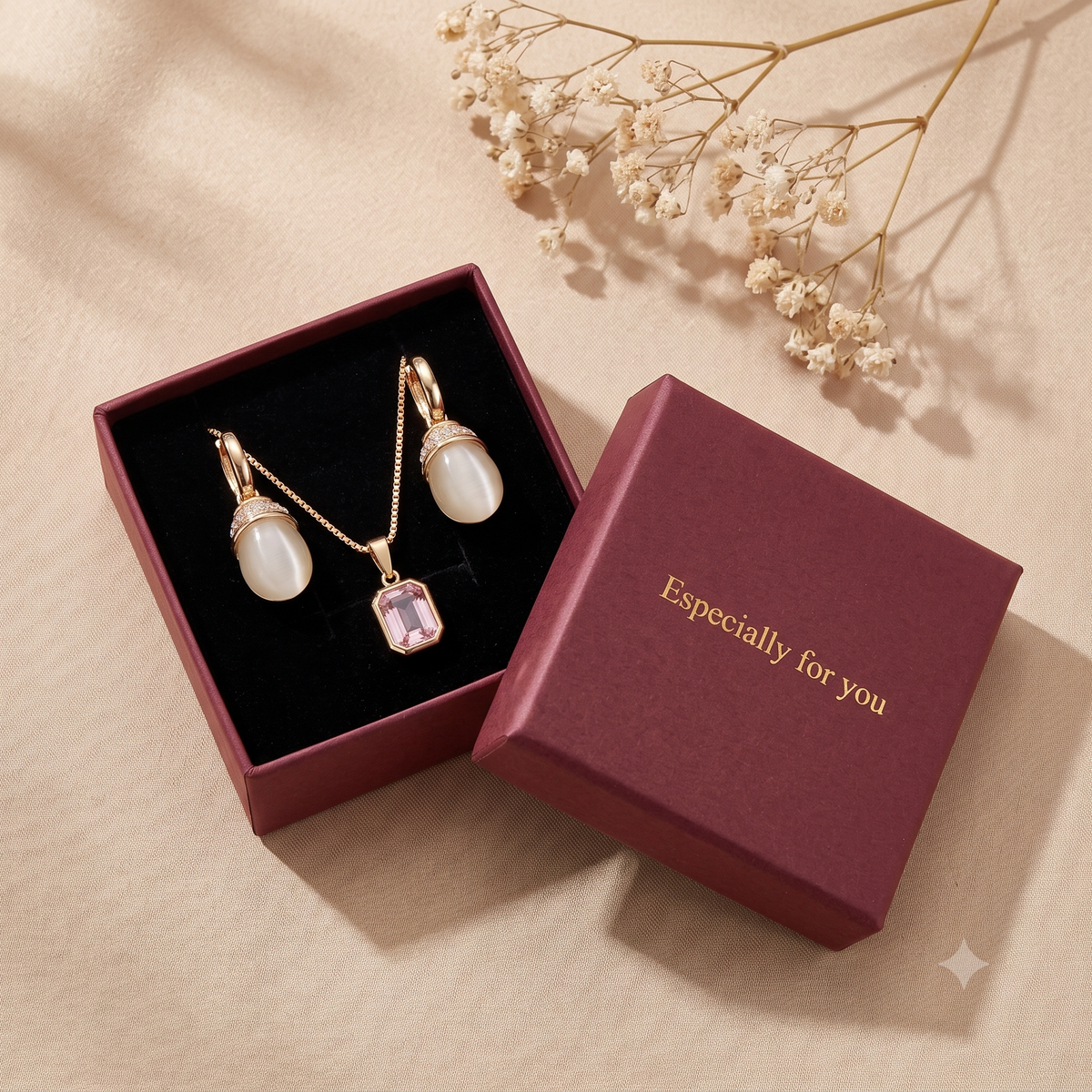 Moonstone & Sapphire Pendant Necklace and Earrings Set | 18K Gold Plated