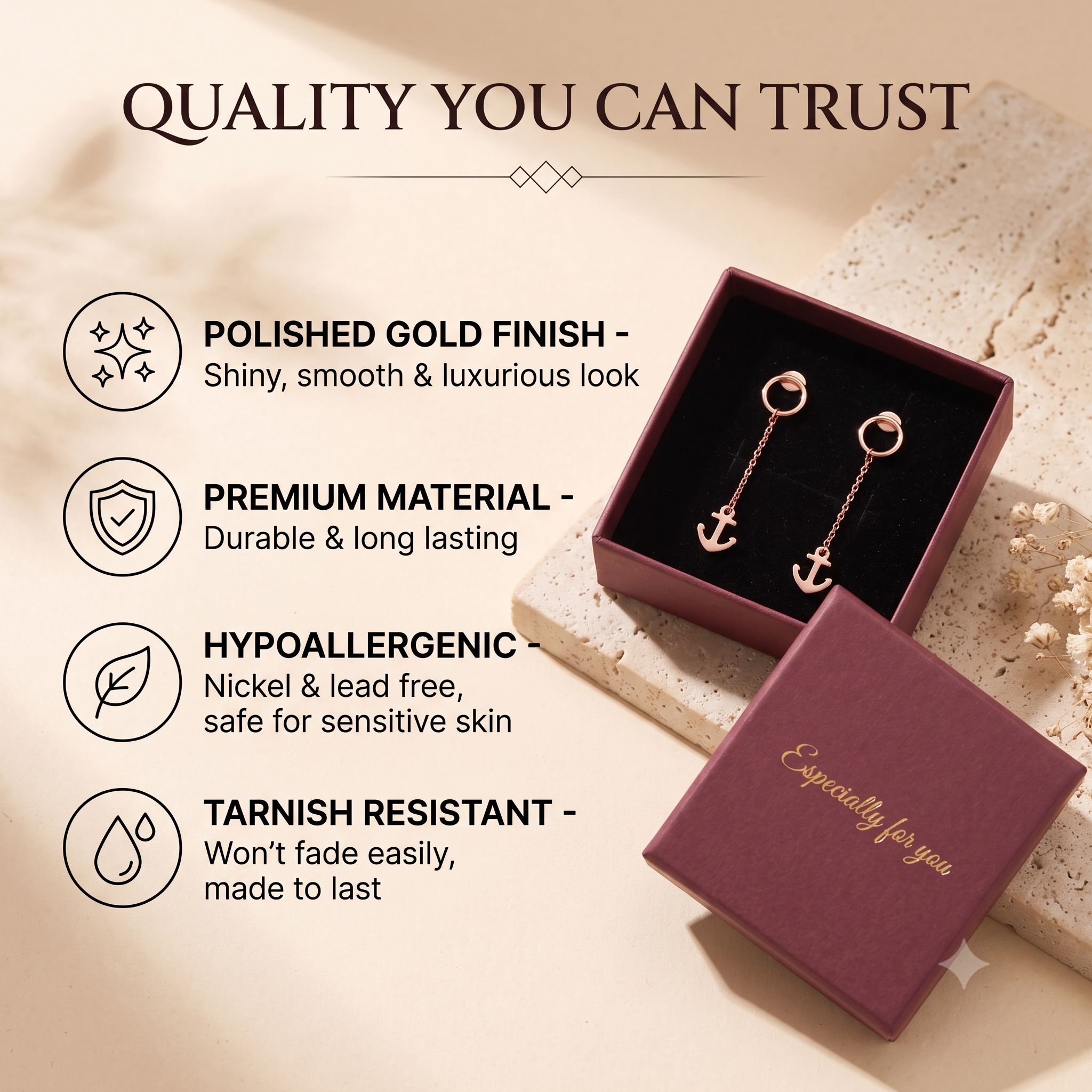 Trendy Rose Gold Anchor Drop Earrings for Women & Girls | Nautical Long Chain Dangle Fashion Jewellery for Daily & Casual Wear
