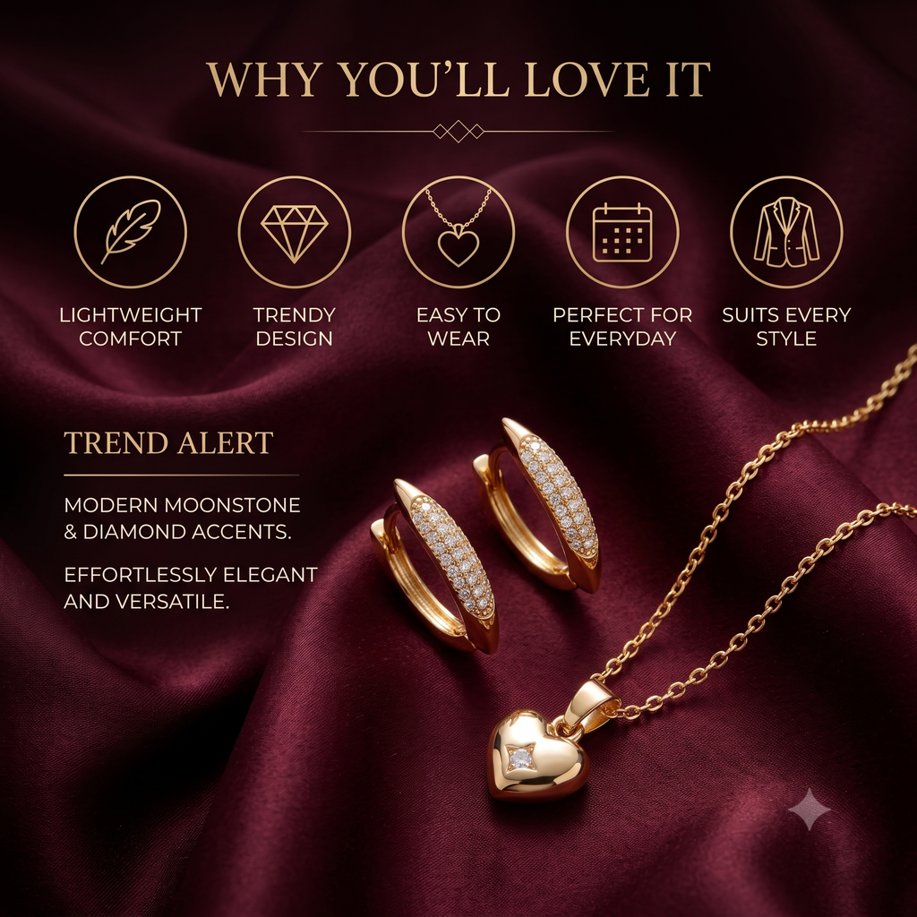 Gold Star- Heart Pendant Necklace and Earrings Jewellery Set