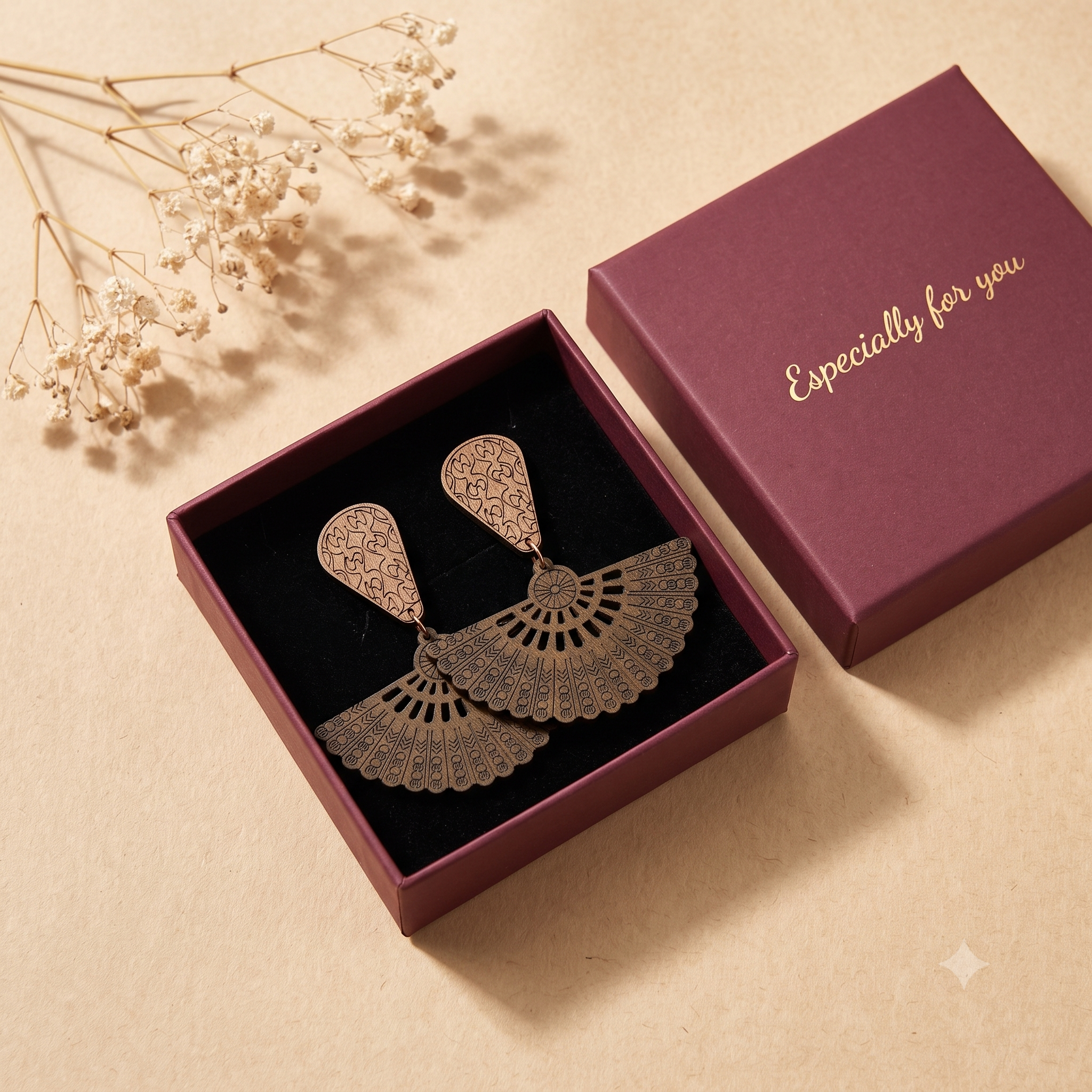 Laser-Cut Bohemian Fan Wooden Drop Earrings – Lightweight Boho Chandelier Dangle Earrings for Women