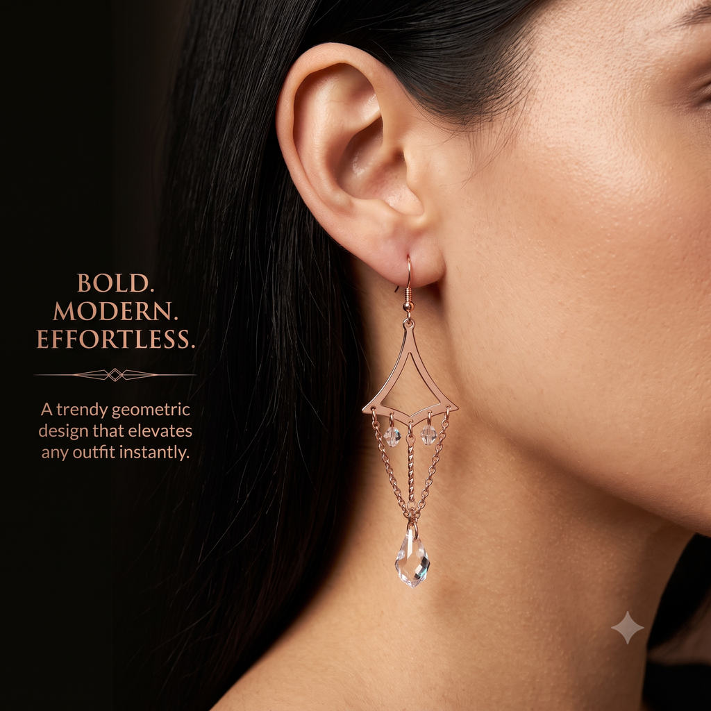 Trendy Geometric Tassel Dangle Earrings for Women & Girls | Rose Gold & Clear Crystal Long Drop Fashion Jewellery for Party & Festive Wear