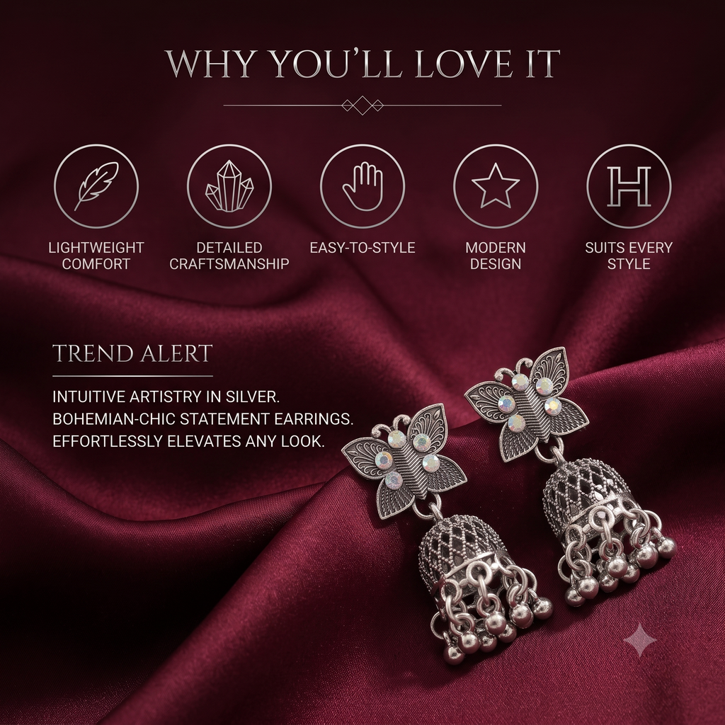 Antique Silver Oxidised Butterfly Jhumka Earrings with Opaline Stones
