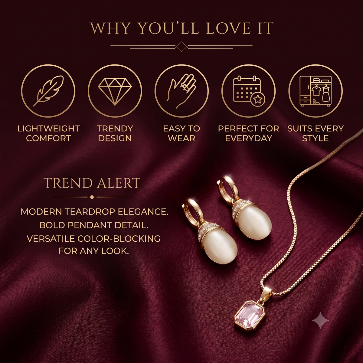 Moonstone & Sapphire Pendant Necklace and Earrings Set | 18K Gold Plated