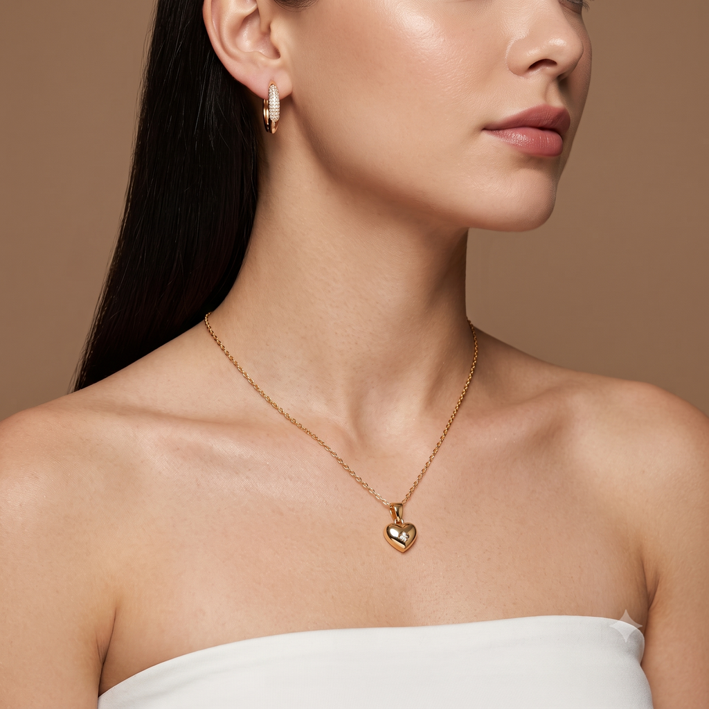 Gold Star- Heart Pendant Necklace and Earrings Jewellery Set