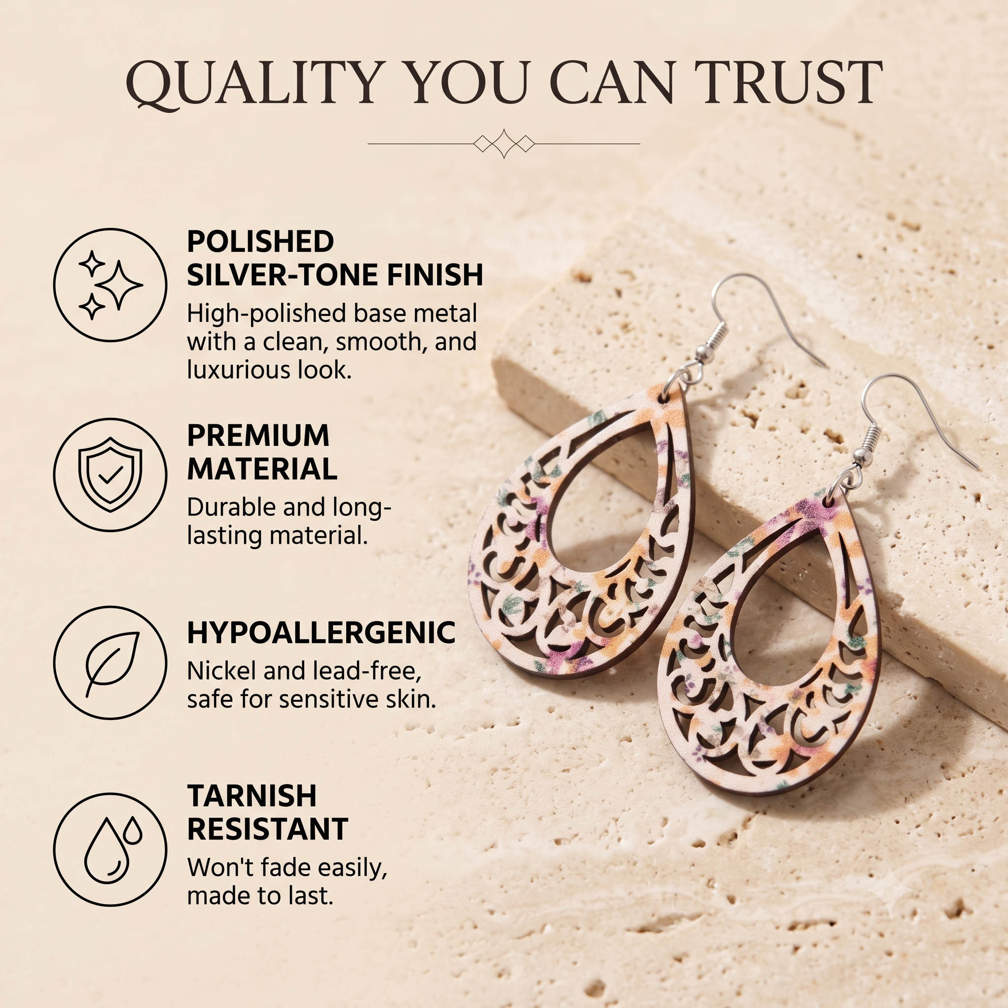 Wooden Laser Cut Teardrop Earrings - Multicolour