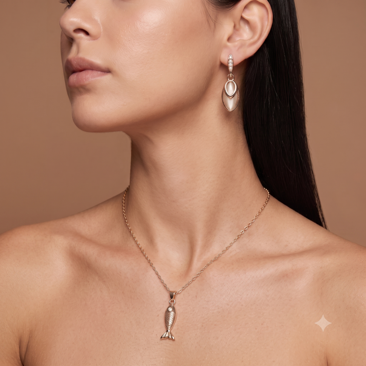 Gold-Plated Opal Style Fish Pendant Necklace and Earrings Jewellery Set