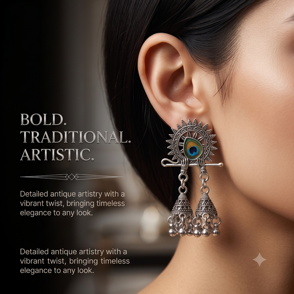 Oxidised Silver Peacock Flute Jhumka Earrings with Enamel Work