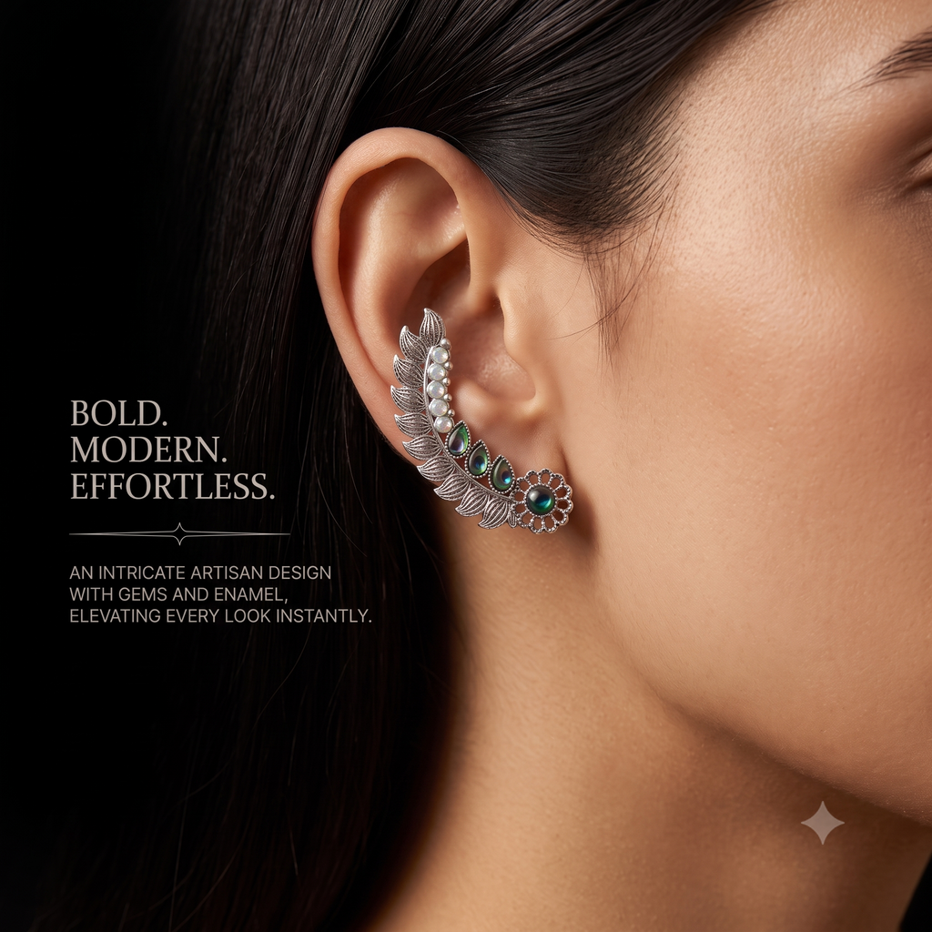 Antique Silver Oxidised Peacock Ear Climbers & Iridescent Feather Ear Cuffs