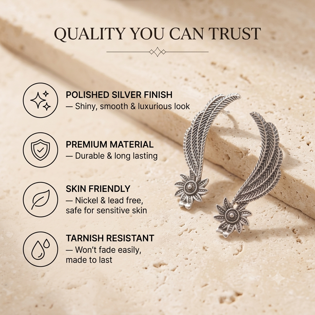 Antique Silver Oxidised Feather Ear Crawlers & Wing Ear Cuffs for Women