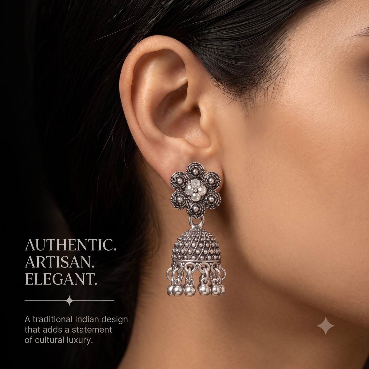 Antique Oxidised Silver Crystal Flower Jhumka Earrings for Women