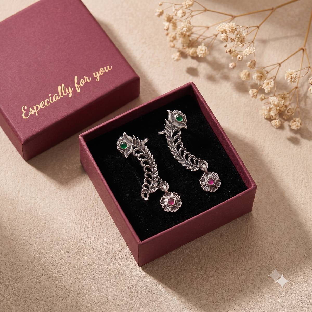 Oxidised Silver Peacock Ear Crawlers with Emerald Green & Ruby Red Stones