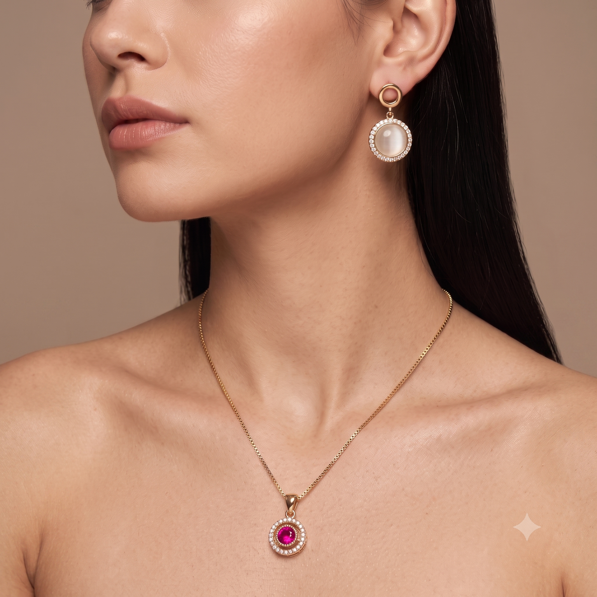 18K Gold Plated Round Ruby Halo Pendant Necklace & Opal Halo Circle Drop Earrings Set | Royal Gemstone Jewelry