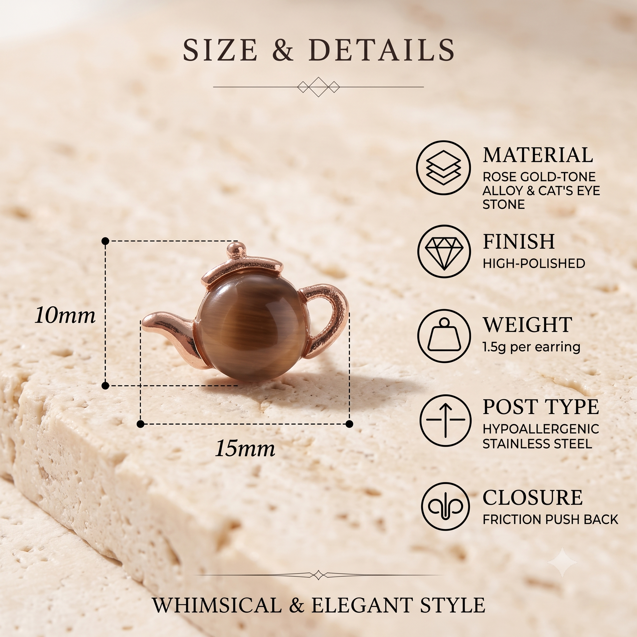 Quirky Teapot Stud Earrings for Women & Girls | Rose Gold; Brown Agate Trendy Fashion Jewellery for Daily &amp; Party Wear