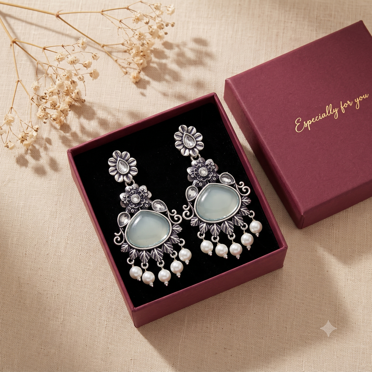 Oxidised Silver Dangle Jhumka Earrings with Pearls for Women