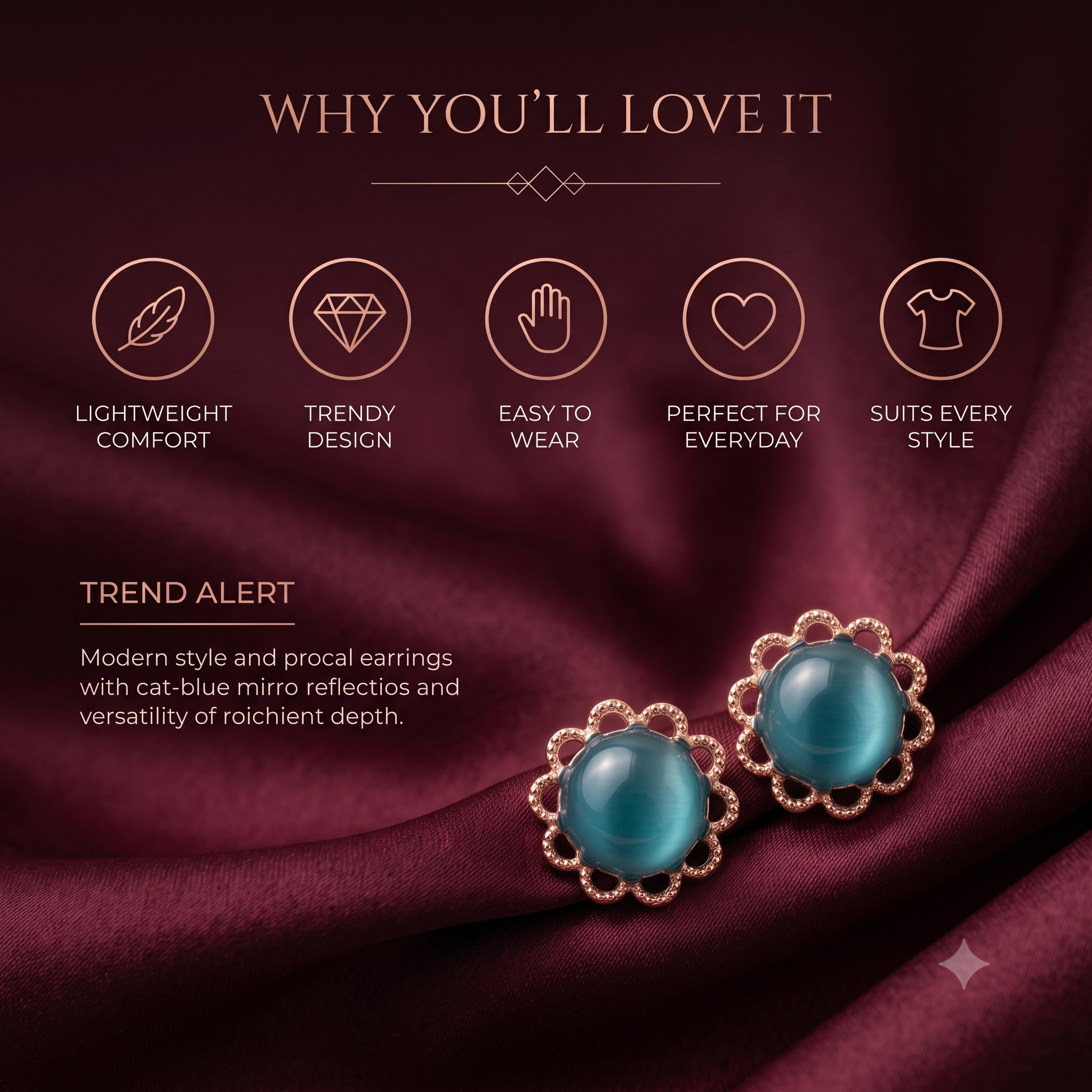 Elegant Rose Gold Teal Stud Earrings for Women & Girls | Trendy Fashion Jewellery for Daily & Party Wear