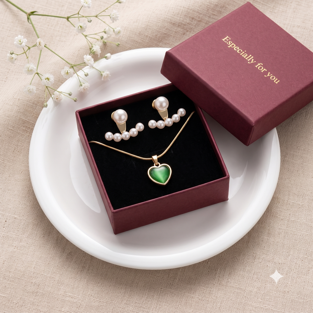 Pearl & Green Jade Matching Jewellery Set in Rose Gold (Pendant Necklace & Drop Earrings)